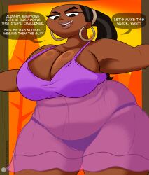 1girls bbw big_breasts black_hair bra breasts dark-skinned_female dark_skin dialogue doorway female female_only leshawna_(tdi) looking_at_viewer nightgown panties png solo talking_to_viewer teenagebratwurst text thick_thighs thunder_thighs total_drama_island wide_hips