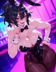 1girls ai_generated animal_ears animal_tail ass balecxi bangs bar_(place) bare_shoulders black_bow black_bowtie black_hair black_legwear black_leotard black_neckwear black_pantyhose blush bow bowtie breasts brown_pantyhose bunny_ears bunny_girl bunny_tail bunnysuit cleavage clothing counter covered_navel curvaceous curvaceous_female curvaceous_figure curvy curvy_figure detached_collar fake_animal_ears female female_focus female_only hair_between_eyes hand_on_hip hand_on_own_hip highleg highleg_leotard index_finger_raised indoors inviting inviting_to_sex large_breasts legwear leotard looking_at_viewer mihoyo multicolored_hair navel neckwear open_mouth pantyhose playboy_bunny ponytail presenting presenting_ass presenting_breasts presenting_hindquarters presenting_self rabbit_ears red_eyes red_hair seductive seductive_look seductive_smile smile solo standing strapless strapless_leotard streaked_hair sweat tail teeth thick_thighs thighs voluptuous voluptuous_female wide_hips wrist_cuffs zenless_zone_zero zhu_yuan