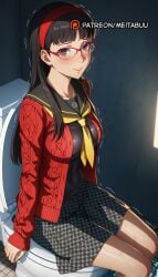 ai_generated amagi_yukiko aran_sweater bathroom black_eyes black_hair black_sailor_collar black_serafuku black_shirt blunt_bangs blush breasts cable_knit cardigan closed_mouth covered_navel female glasses grey_skirt hairband houndstooth indoors long_hair long_sleeves looking_at_viewer medium_breasts meitabuu neckerchief open_cardigan open_clothes persona persona_4 pleated_skirt red-framed_eyewear red_cardigan red_hairband red_sweater sailor_collar school_uniform serafuku shirt sitting skirt smile solo sweat sweater tile_wall tiles toilet toilet_use trembling wet yasogami_school_uniform yellow_neckerchief