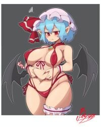 1girls bat_wings blue_hair blush chubby doctor5648 hat jewelry nail_polish plump pointy_ears red_eyes red_nails remilia_scarlet solo sweat thick_thighs thigh_strap touhou underwear vampire wings