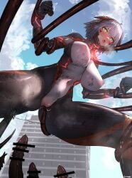 absurdres bar_censor blue_sky blush bodysuit breasts building censored clenched_hands cloud colossus_(natsukaze_shigure) covered_navel covered_nipples day dirty dirty_clothes dirty_face energy_drain female from_below giant giantess glowing green_eyes grey_hair headgear hexagon_print highres imminent_penetration large_breasts magical_girl natsukaze_shigure open_mouth original outdoors peril pussy_juice restrained short_hair skin_tight sky solo tentacle tentacle_sex variant_set