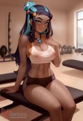 1girls 2d ai_generated ass barefeet big_ass big_breasts blue_hair breasts dark_skinned_female earrings erophoenix feet female female_focus full_body gym_leader hoop_earrings indoors jewelry looking_at_viewer looking_back nessa_(pokemon) nude patreon_username pokemon pokemon_ss smile soles solo solo_female sportswear sweat thick thick_thighs toes uncensored