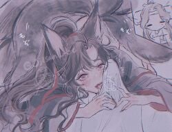2boys ahoge animal_ears black_hair black_hanfu black_nails blush breath brown_hair bulge chibi chibi_inset chinese_clothes covered_penis erection erection_under_clothes eyelashes fellatio fingernails fox_boy fox_ears fox_tail hair_ribbon hanfu heart heart-shaped_pupils highres kemonomimi_mode kitsune kyuubi lan_wangji licking long_hair long_sleeves looking_at_viewer lying male male_focus modao_zushi multi_tail multiple_boys nail_polish ojisan_rbt on_bed on_stomach open_mouth oral ponytail pov pov_crotch purple_eyes red_ribbon ribbon robe sharp_fingernails sidelocks solo_focus symbol-shaped_pupils tail tongue tongue_out twitter_username watermark wei_wuxian white_hanfu wide_sleeves yaoi