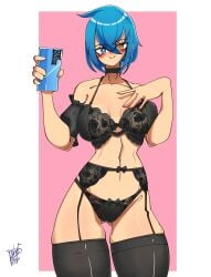 2d 2d_(artwork) 2d_artwork ass ass_visible_from_the_front ass_visible_through_thighs background belly_button big_breasts black_bra black_legwear black_lingerie black_lingerie_bra black_lingerie_panties black_panties blue_eye blue_eyes blue_hair bluepie_xxd_(artist) blush blushing blushing_female blushing_profusely bow_bra bow_panties bra braid braided_hair braided_ponytail breasts breasts_apart butt_fang butt_fangs choker clavicle clothed_female clothes clothing collar elena_(bluepie_xxd) eyebrows eyebrows_visible_through_hair eyelashes eyelashes_through_hair eyelashes_visible_through_hair female female_focus female_only flushed_cheeks garter_belt garter_belt_leggings hand_on_chest heart-shaped_pupils heterochromatic_eyes heterochromia holding_phone lace lace-trimmed_bra lace-trimmed_garter_belt lace-trimmed_legwear lace-trimmed_panties lace_trim large_breasts lingerie lingerie_bra lingerie_only lingerie_panties long_eyelashes looking_at_viewer looking_forward mirror_selfie narrow_waist navel navel_line orange_eye orange_eyes original_character pale-skinned_female pale_skin panties phone puffy_short_sleeves puffy_sleeves selfie semi_nude sexy_body sexy_pose sheer sheer_bra sheer_clothing sheer_panties shiny_breasts shiny_clothes shiny_hair shiny_skin shiny_stockings silk_clothing simple_background skindentation skinny_waist slender slender_body slender_waist slim slim_body slim_female slim_girl small_waist smartphone smile smiling_at_viewer solo solo_female solo_focus stockings thick_legs thick_thighs thigh_bulge thigh_gap thigh_highs thighhighs thighs thin thin_eyebrows thin_female thin_waist tiny_waist wide_hips