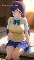 :> ai_generated aqua_bow aqua_bowtie aqua_eyes bed bedroom blue_skirt blush bow bowtie breasts closed_mouth collared_shirt dress_shirt female green_bow green_bowtie green_eyes hair_ornament hair_scrunchie indoors large_breasts long_hair looking_at_viewer love_live! love_live!_school_idol_project low_twintails meitabuu miniskirt on_bed otonokizaka_school_uniform parted_bangs pillow pink_scrunchie plaid plaid_skirt pleated_skirt purple_hair school_uniform scrunchie shirt short_sleeves sitting skirt smile soaking_feet solo striped_bow striped_bowtie striped_clothes summer_uniform sunlight sweat sweater_vest swept_bangs thighs toujou_nozomi trembling twintails vest water wet white_shirt window yellow_cardigan yellow_vesttoujou_nozomi
