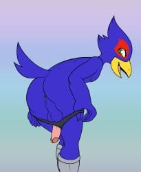 2025 ass avian backsack balls beak bending_down blue_body butt_focus clothing colored digital_drawing_(artwork) digital_media_(artwork) falco_lombardi fourssss genitals hi_res male nintendo penis presenting presenting_hindquarters solo star_fox underwear undressing undressing_self