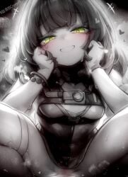 +++ 1boy blur_censor bracelet breasts censored chinese_commentary commentary_request female green_eyes grin heart highres jewelry kupa_(jesterwii) looking_at_viewer medium_breasts monochrome paid_reward_available parted_lips pov pov_crotch sex short_hair smile spot_color straight ukinami_yuzuha vaginal_penetration zenless_zone_zero