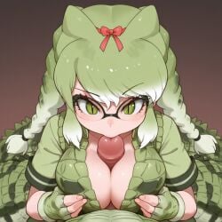 ai_generated alligator alligatorid alligatorid_humanoid anthro_on_human civitai clothed clothed_female crocodile_tail crocodilian floating_penis glasses green_hair half_animal kemono_friends paizuri paizuri_lead_by_female paizuri_under_clothes penis_between_breasts pov scalie spectacled_caiman_(kemono_friends) sucking_tip titjob