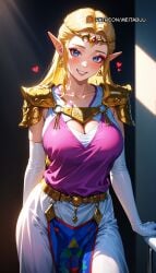 ai_generated armor belt blonde_hair blue_eyes blush breasts breath_of_the_wild circlet cleavage cleavage_cutout clothing_cutout collarbone cowboy_shot dress earrings elbow_gloves eyeshadow female gloves grin heart jewelry large_breasts light_rays long_hair looking_at_viewer makeup meitabu meitabuu nintendo parted_bangs pauldrons pointy_ears princess_zelda shoulder_armor shoulder_plates sidelocks smile solo teeth the_legend_of_zelda the_legend_of_zelda:_breath_of_the_wild tiara triforce white_dress white_gloves