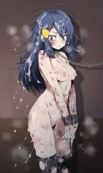 after_sex after_vaginal black_collar black_thighhighs blue_eyes blue_hair blush bondage bondage bound bound_wrists breasts bruise bruise_on_arm bruise_on_face bruise_on_leg bruise_on_stomach bukkake chain_leash chained chains closed_mouth collar cuffs cum cum_in_pussy cum_on_body cum_on_breasts cum_on_hair cum_on_legs cumdrip dawn_(pokemon) dirty facial female hair_between_eyes hair_ornament hairclip handcuffs highres injury leash long_hair looking_to_the_side messy_hair nipples pokemon pokemon_dppt pussy restrained scratches shackles slave solo standing straight tears thighhighs torn_clothes torn_thighhighs tsukishiro_saika