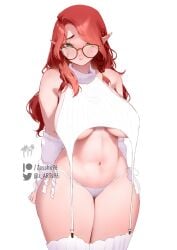 1girls elf elf_ears elf_female elf_girl female female_only freckles glasses green_eyes hi_res long_hair navel original pointy_ears solo solo_female thick_thighs underboob virgin_destroyer_sweater white_background wide_hips zasshu96