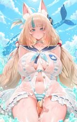 absurdres ahoge alternate_breast_size animal_ear_fluff animal_ears bell between_legs blonde_hair blue_bow blue_eyes blue_hair blue_streaks blush bow breasts cat_ears cleavage closed_mouth cloud cloudy_sky day dishwasher1910 dress female fins fish_girl fish_tail frilled_sailor_collar frills hairbow highres indie_virtual_youtuber large_breasts lifebuoy_hair_ornament long_hair looking_at_viewer looking_down lotion low_twintails multicolored_hair navel neck_bell one-piece_swimsuit one_side_up open_clothes open_dress outdoors revision sailor_collar sameko_saba see-through_clothes see-through_dress shiny_skin simulated_thigh_sex sky sleeveless solo stomach streaked_hair striped_clothes striped_one-piece_swimsuit sunscreen swimsuit tail thighs twintails two-tone_hair undersized_clothes very_long_hair virtual_youtuber water wet white_dress