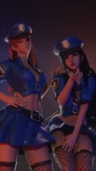 2girls 3d 3d_(artwork) 3d_background 3d_model 3d_render black_hair blue_eyes cleavage exposed_midriff final_fantasy final_fantasy_xiv gaia_(ffxiv) hair_ribbon hand_on_hip hat long_hair midriff orange_hair police_uniform revealing_clothes ryne_waters skimpy_clothes skirt square_enix stockings wink