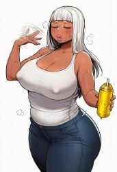 1girls blunt_bangs blush breasts closed_eyes dark_skin fanning_self female hard_nipples holding_drink huge_ass jeans nipples novelai oiled original original_character plump tall_female thick_lips white_hair
