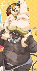 2025 96panda absurd_res ahab_(tas) anthro babe_bunyan_(tas) balls belly big_belly blush bovid bovine candy carrying_another cattle clothing dessert duo erection food genitals hat headgear headwear hi_res kemono lifewonders lollipop male mammal moobs navel nipples open_mouth overweight overweight_male penis piggyback scar swimwear tokyo_afterschool_summoners