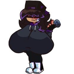 arms_behind_breasts black_eyebrows brown_hair fnf fnf_oc friday_night_funkin fully_clothed gerfloverse_(wattpad) hat heart_symbol hyper hyper_breasts inconsistent jacket long_hair microphone multicolored_hair nahiara_aguirre nahira nahira_(friday_night_funkin_oc) purple_hair shortstack too_big uncomfortable