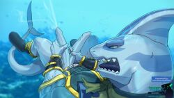 2_penises animal_genitalia animal_penis anthro araba_(shangri-la_frontier) big_penis bodily_fluids bottomless clothed clothing cum cumshot diphallia diphallism ejaculation erection fish furry-specific_jewelry genital_fluids genitals hemipenes hi_res male marine masturbation membrane_(anatomy) multi_genitalia multi_penis muscular muscular_male penis ring shangri-la_frontier shark solo text todex url webbed_hands