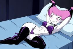 1girl 1girls archaona bed bikini black_high_heel_boots blush boots cartoon_network female female_focus female_only grey_skin high_heel_boots hips indoors jinx_(dc) laying_on_bed pillow pink_blush pink_hair purple_bikini smile solo solo_female teen_titans watermark