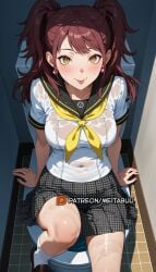 :p ai_generated atlus black_sailor_collar black_skirt blush bra bra_visible_through_clothes breasts brown_eyes brown_footwear brown_hair covered_navel earrings female houndstooth indoors jewelry kujikawa_rise loafers long_hair looking_at_viewer medium_breasts meitabuu neckerchief persona persona_4 pleated_skirt sailor_collar school_uniform see-through see-through_shirt serafuku shirt shoes short_sleeves sitting skirt smile socks solo thighs tile_floor tiles toilet toilet_stall tongue tongue_out twintails two_side_up underwear wet wet_clothes wet_shirt white_bra white_shirt white_socks yasogami_school_uniform yellow_eyes yellow_neckerchief