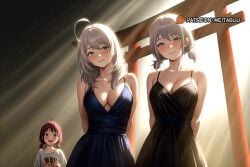 3girls :d ahoge ai_generated arms_behind_back backlighting bare_shoulders black_dress blue_dress blue_eyes blush breasts card cleavage closed_mouth collarbone dress female girls_band_cry grey_eyes grey_hair holding holding_card iseri_nina kawaragi_momoka large_breasts light_particles light_rays lolicon long_hair looking_at_viewer low_twintails medium_breasts medium_hair meitabu meitabuu mother_and_daughter multiple_girls open_mouth playing_card plunging_neckline red_hair shirt short_hair short_twintails sleeveless sleeveless_dress smile sunbeam sunlight teeth torii twintails upper_teeth_only white_shirt yuri