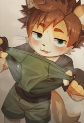 1boy animal_ear_fluff blush canine cub dog_ears furry green_eyes horny looking_at_viewer looking_pleasured male_focus presenting_panties simple_background