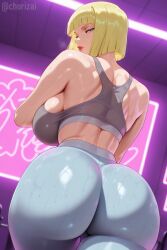 1girls ai_generated ass ass_focus back_view bangs big_breasts blonde_hair blue_eyes blunt_bangs bob_cut breasts breasts_bigger_than_head breath breath_cloud breathing chorizai female female_only fitness flirting flirting_look from_below gym gym_clothes gym_clothing gym_uniform huge_ass huge_breasts kunoichi large_breasts light-skinned_female light_skin lipstick looking_at_viewer male massive_breasts naruto naruto_(series) naruto_shippuden ninja samui sfw shiny_skin short_hair sports_bra sportswear sweat sweatdrop sweaty sweaty_breasts tank_top thick_ass thick_thighs tight_clothing tight_pants training yoga_pants