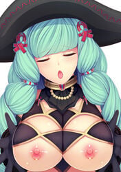 black_gloves blush breasts clothing daiaru drill_hair female fiore_brunelli gloves green_hair hair_ornament hat highres large_breasts long_hair looking_at_viewer nipple_piercing nipples open_mouth revealing_clothes simple_background solo star_ocean star_ocean_integrity_and_faithlessness twin_drills white_background witch_hat yellow_eyes