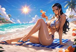 3d ai_generated artist_request beach bikini bikini_bottom bikini_top black_hair breasts clothing cocktail female female_only flip_flops nico_robin one_piece sand summer sweat sweatdrop water wet wet_skin