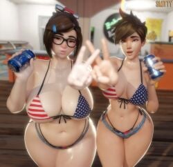 2girls 3d american_flag_bikini ass big_ass big_breasts big_butt breasts brown_hair bun_hair clothed female female_focus female_only glasses hourglass_figure huge_breasts large_breasts light-skinned_female light_skin looking_at_viewer mei_(overwatch) midriff multiple_girls navel overwatch smitty34 spiky_hair thick_thighs thighs tracer voluptuous_female