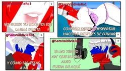 1boy 1girls comic comic_page countryhumans countryhumans_girl lingerie lipstick multicolored_hair peru_(countryhumans) pink_lipstick russia_(countryhumans) saravaldiviaro1 small_image spanish_text tagme text white_body white_skin