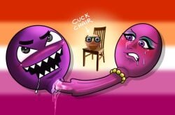 anthropomorphic cuck_chair cuckold female/female girl_on_girl numberjacks object_insertion older_male pink_body purple_body pussy puzzler shape_japer spooky_spoon spoon spoon_in_pussy text the_puzzler yuri