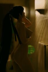 1girls 3d asian asian_female ass ass_focus bangs breasts breasts breasts_out dim_lighting eve_(stellar_blade) from_behind long_hair nude nude_female ponytail shower sideboob slim stellar_blade