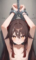 above arms at bangs, brown cum_on_hair hair, hair_between_eyes, handcuffs, hands, head, hu long looking nude,chained red_eyes, scared, sidelocks, symbol-shaped_pupils, tao, twintails, viewer, wall,hutao,