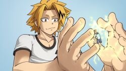2boys airbendingkwakwa boku_no_hero_academia clothed denki_kaminari electric_shock electricity electrocution giant giantkwakwa kaminari_denki larger_male macro male male_only micro my_hero_academia smaller_male smirk smug torture yellow_hair