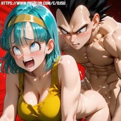 1boy 1girls ai_generated black_eyes black_hair blue_eyes blue_hair blush bulma_briefs clothed_female_nude_male couple cum dragon_ball dragon_ball_z ejaculation hairband muscular_male patreon patreon_url rolling_eyes screaming sex sex_from_behind straight tank_top vegeta yellow_clothing