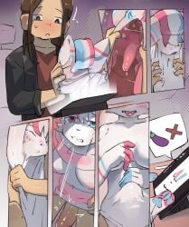 2025 5_fingers absurd_res anthro aquafresh_(sylve0n) areola biped blue_eyes blue_hair blue_markings blue_pawpads blush bodily_fluids breasts brown_eyes brown_hair closed_eyes clothed clothing colored comic drawing_tablet eeveelution erection erection_under_clothing fingerless_(marking) fingers front_view fully_clothed futanari gender_transformation generation_6_pokemon genitals glans glistening hair heterochromia hi_res high-angle_view hollow_body human humanoid_genitalia humanoid_penis intersex looking_at_genitalia looking_at_own_penis looking_at_penis looking_at_self looking_down_at_self low-angle_view male male_human mammal markings motion_lines mtf_transformation nintendo nipples nude pawpads penis penis_between_thighs pink_eyes pink_hair pink_markings pokemon pokemon_(species) purple_nose putting_on_clothes screentone shaded silverplus6 sitting solo striped_markings stripes suit_transformation sweat sylveon tongue tongue_out transformation unusual_anatomy white_body white_inner_ear