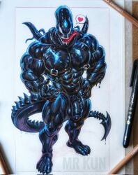 abs alien alien_(franchise) anthro balls big_feet big_muscles big_pecs big_penis feet genitals graphite_(artwork) heart_symbol hi_res huge_muscles huge_pecs male male_xenomorph marvel mrkun muscular muscular_male nipple_piercing nipples pecs penis piercing solo symbiote traditional_media_(artwork) venom_(marvel) xenomorph