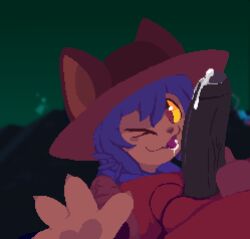 2025 2d after_oral after_sex androgynous anthro anthro_male anthro_only balls bird_humanoid black_penis blue_hair brown_eyes calamus_(oneshot) cat_ears cat_hat cat_humanoid cum cum_in_mouth cum_on_penis cum_on_tongue cumming dripping_cum erect_penis erection feathers foreskin fully_clothed happy hat male maykez niko_(oneshot) one_eye_closed oneshot paws penis pixel_art posing purple_hair red_feathers smile smiling testicles tongue tongue_out uncircumcised uncut unseen_male_face veiny_penis wink yellow_sclera