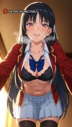 ai_generated black_bra black_hair black_thighhighs blazer blue_bow blue_bowtie blurry blush bow bowtie bra breasts breath classroom_of_the_elite cleavage collarbone collared_shirt curtains dress_shirt female grey_skirt grin hair_ribbon heavy_breathing horikita_suzune indoors jacket lace-trimmed_bra large_breasts long_hair long_sleeves looking_at_viewer medium_breasts meitabuu navel open_clothes open_jacket open_shirt orange_eyes parted_lips pleated_skirt red_eyes red_jacket ribbon school_uniform shirt skindentation skirt smile solo steaming_body stomach sweat thighhighs underwear very_long_hair white_ribbon white_shirt white_skirt zettai_ryouiki