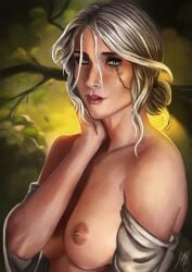 adrianwolve ciri female_only green_eyes solo_female tagme the_witcher_(series) topless white_hair
