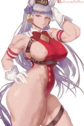 absurdres animal_ears armband blunt_bangs bow bowtie brown_hat cowboy_shot duffmox ear_bow ear_ribbon female garter_belt gloves gold_ship_(umamusume) grey_hair hand_in_own_hair hand_on_own_hip hat highres horse_ears horse_girl horse_tail leotard long_hair looking_to_the_side muscular muscular_female o-ring parted_lips patreon_logo patreon_username pillbox_hat pink_eyes purple_bow red_bow red_bowtie solo tail thick_thighs thighs umamusume white_background white_gloves