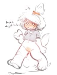 accessory animal_crossing anthro blush bodily_fluids bottomless canid canine canis clothed clothing dialogue domestic_dog dripping dripping_pussy embarrased_horny embarrassed excited exhibitionism female genitals gesture grass hair_accessory hi_res isabelle_(animal_crossing) mammal navel nintendo no_underwear panken pink_vulva plant pussy shih_tzu shirt sweat text topwear topwear_only toy_dog vulva waving waving_at_viewer