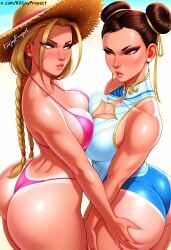 2girls ai_generated beach bikini blonde_hair blue_eyes blue_swimsuit breast_press breast_press_on_chest brown_eyes brown_hair cammy_white chun-li fat_ass female_only female_penetrated from_behind grabbing_ass hair_buns huge_ass killjoyproject looking_at_another one_piece_swimsuit only_female pink_bikini pressing_breasts_together street_fighter street_fighter_6 swimsuit tan tanline thong twintails