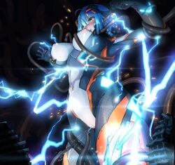 absurdres blue_hair blush bodysuit breasts cable colossus_(natsukaze_shigure) covered_navel covered_nipples electricity electrocution electrostimulation female female_ejaculation giant giantess glowing green_eyes headgear hexagon_print highres impossible_bodysuit impossible_clothes large_breasts magical_girl natsukaze_shigure open_mouth original peril pussy_juice restrained science_fiction short_hair skin_tight solo tentacle