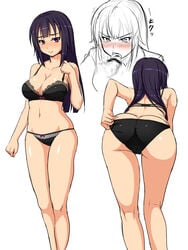 adjusting_bra adjusting_clothes adjusting_panties ass bent_over black_hair blush bow bow_panties bra breasts censored character_sheet fellatio female ikkei_(bobusuman) kneepits lace-trimmed_bra large_breasts long_hair looking_at_viewer mosaic_censoring multiple_views oral original panties penis purple_eyes skindentation tears underwear