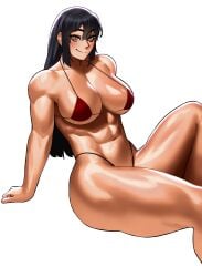 1girls absurd_res amber_eyes big_breasts bikini black_hair blush commission female female_only long_hair looking_at_viewer red_bikini sitting smiling smiling_at_viewer solo sotcho thick_thighs toned toned_female white_background