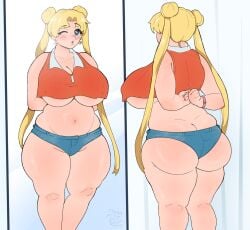 1girls ass bbw bishoujo_senshi_sailor_moon blonde_hair blue_eyes clothed clothing earrings fat fat_ass female female_only iroquöis navel one_eye_closed overweight sailor_moon solo solo_female underboob usagi_tsukino wink