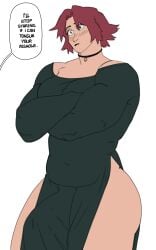 1futa 2d 2d_(artwork) amanda_(crimsonfelines) belly big_breasts big_penis blush breasts choker chubby_futa crimsonfelines dirty_talk dress erection erection_under_clothes futa_only futanari green_eyes long_sleeves navel navel_visible_through_clothes penis red_hair reddkats short_hair