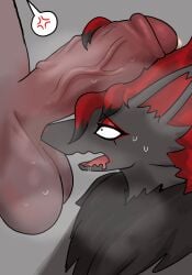 1boy 1girls 2021 absurd_res anger_vein anthro balls black_highlights fat_cock female female_focus fur furry generation_5_pokemon grey_background huge_balls huge_cock human im51nn5 long_hair looking_at_penis male nintendo open_mouth penis penis_on_head pokemon pokemon_(species) pokephilia red_hair spoken_anger_vein steam veiny_penis wavy_mouth worried worried_expression zoroark