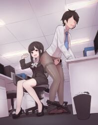 1boy 1girls bar_censor blue_necktie censor_bar censored censored_penis crossdressing femdom handjob handjob_from_behind high_heels kikiu_bd necktie office office_lady open_mouth pantyhose precum semen sitting spanking spanking_ass spanking_butt thick_thighs thighs